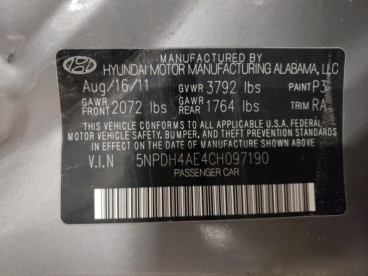 Photo 10 from auction – 2012 HYUNDAI ELANTRA GL with VIN 5NPDH4AE4CH097190