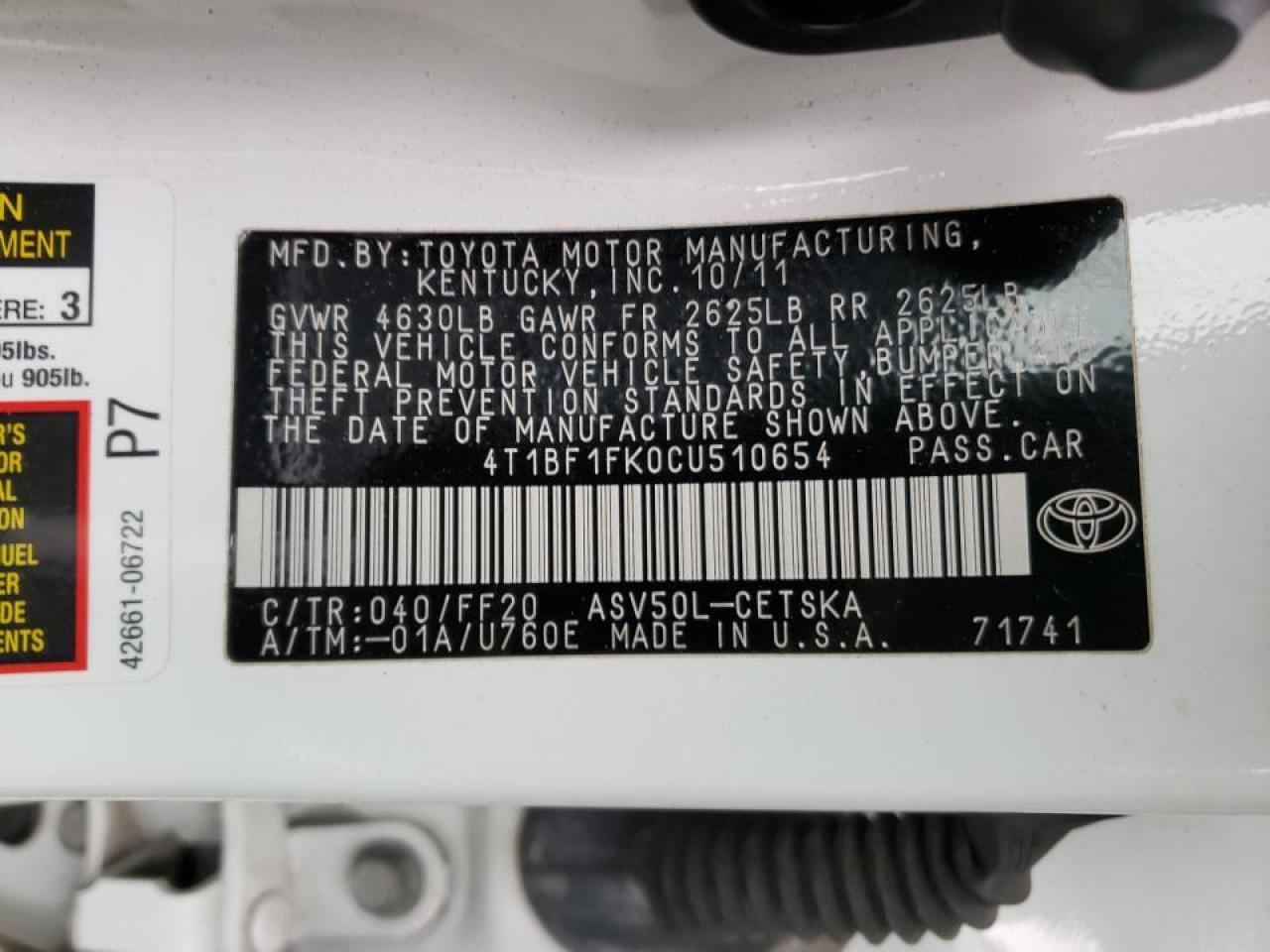 Photo 10 from auction – 2012 TOYOTA CAMRY BASE with VIN 4T1BF1FK0CU510654