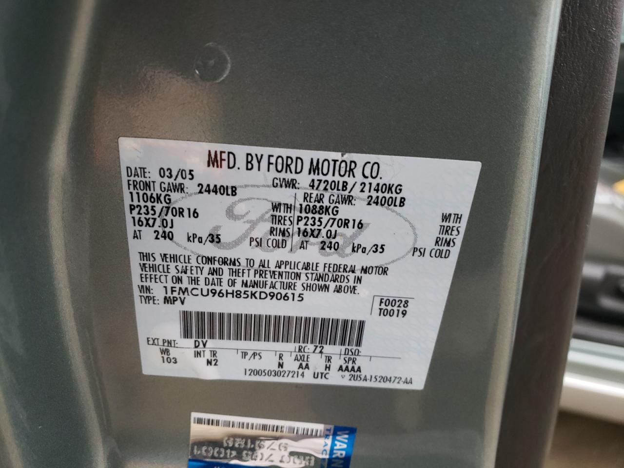 Photo 10 from auction – 2005 FORD ESCAPE HEV with VIN 1FMCU96H85KD90615