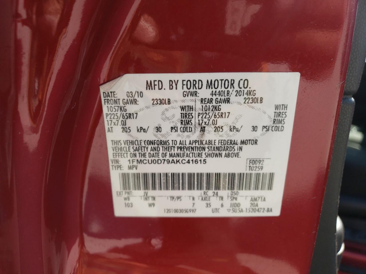 Photo 10 from auction – 2010 FORD ESCAPE XLT with VIN 1FMCU0D79AKC41615