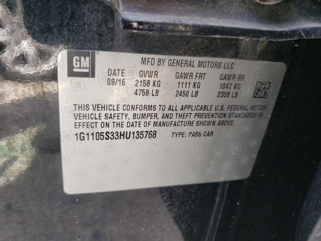 Photo 10 from auction – 2017 CHEVROLET IMPALA LT with VIN 1G1105S33HU135768