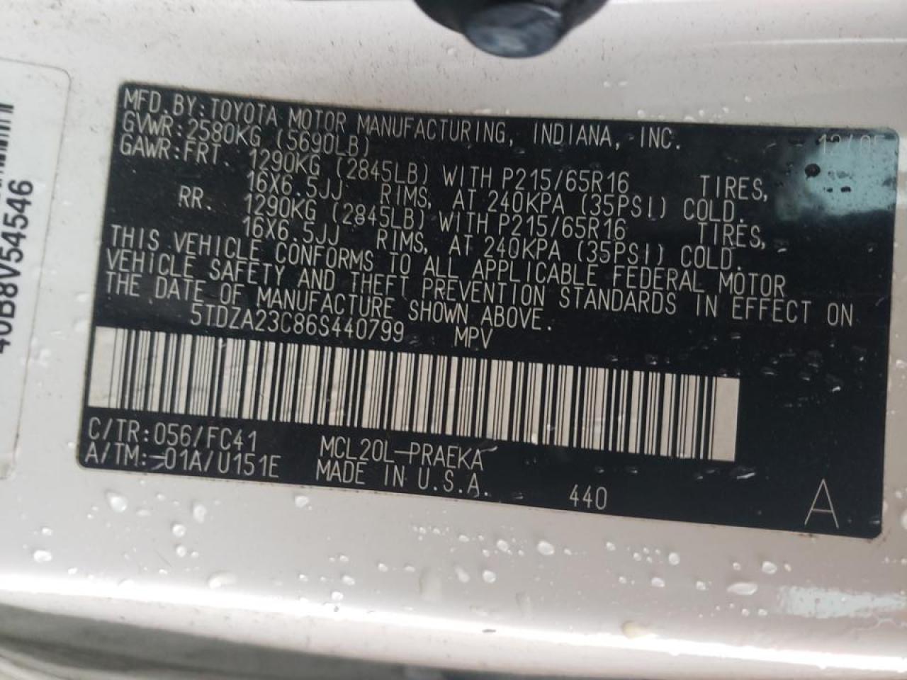 Photo 10 from auction – 2006 TOYOTA SIENNA CE with VIN 5TDZA23C86S440799