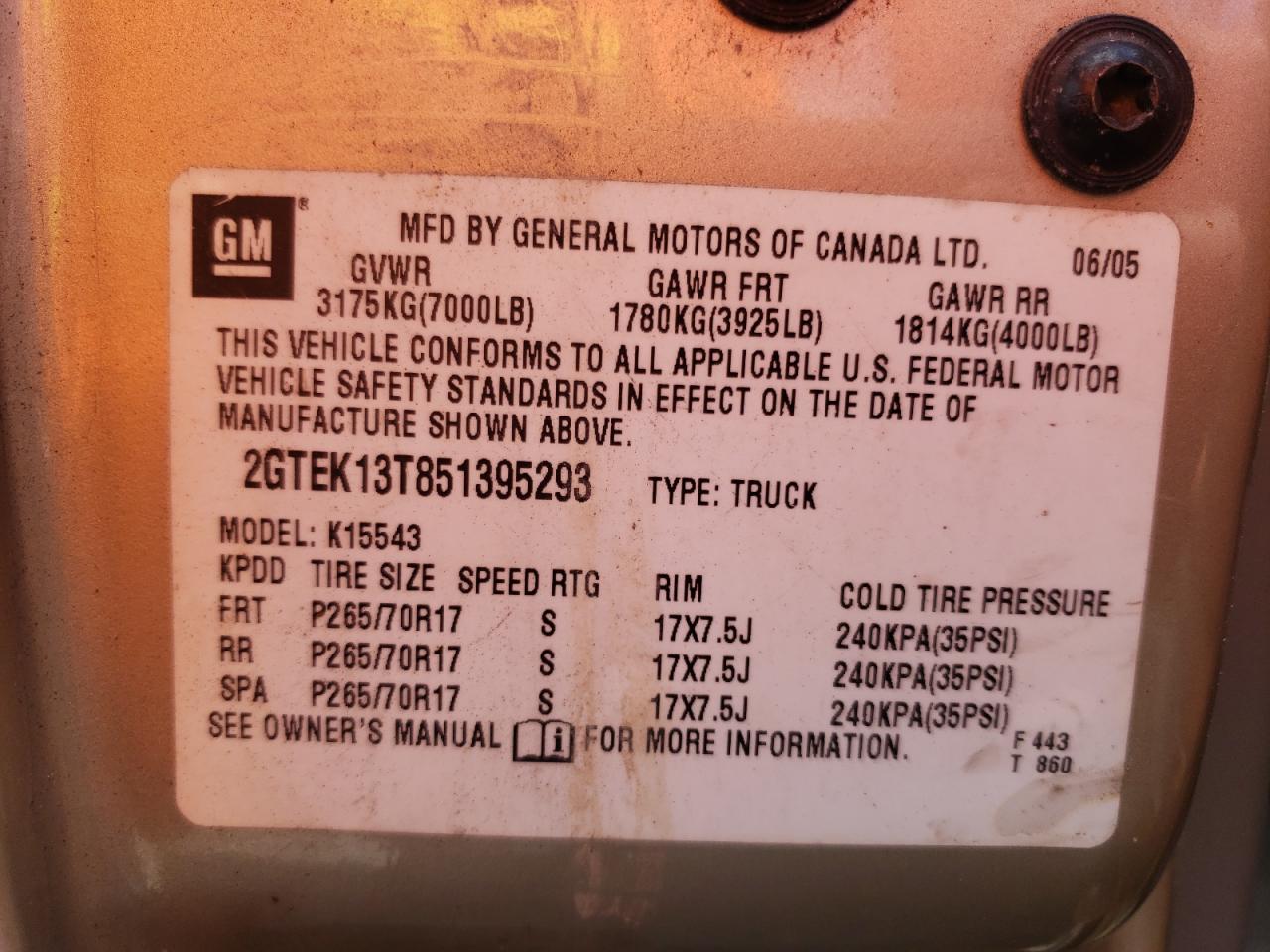 Photo 10 from auction – 2005 GMC NEW SIERRA with VIN 2GTEK13T851395293
