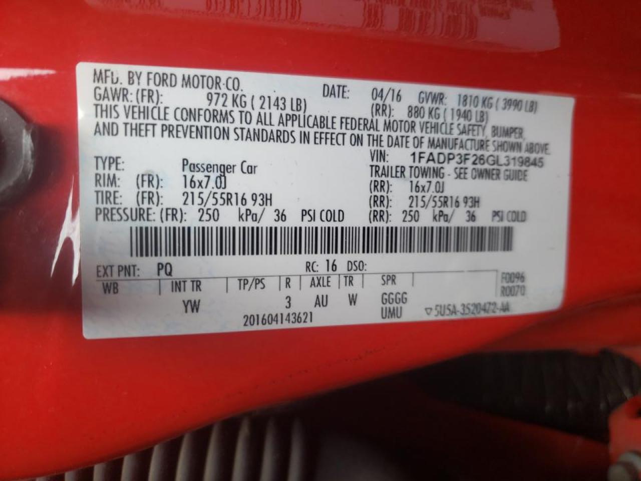 Photo 10 from auction – 2016 FORD FOCUS SE with VIN 1FADP3F26GL319845