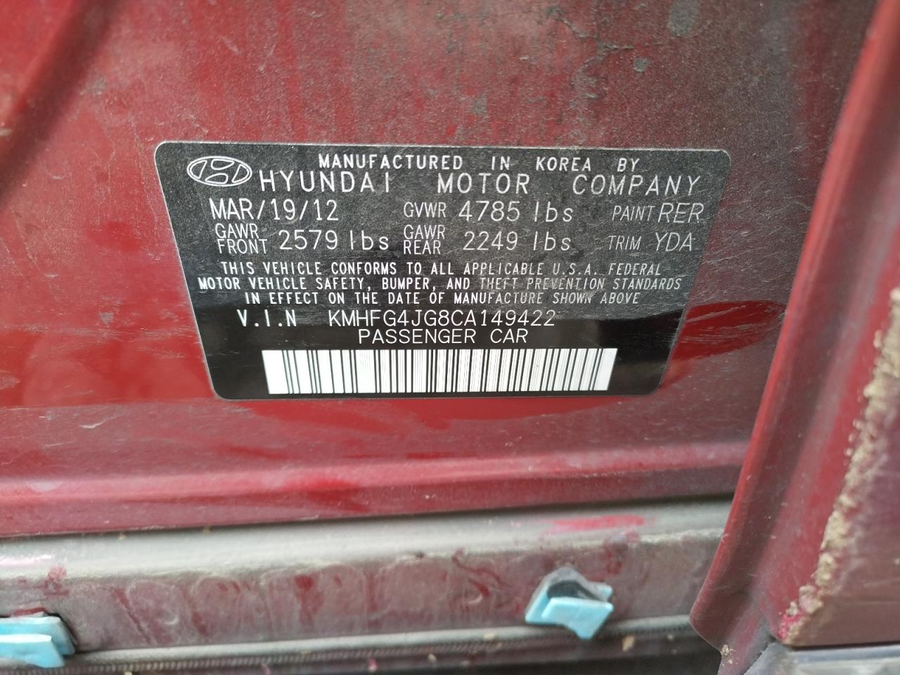 Photo 10 from auction – 2012 HYUNDAI AZERA GLS with VIN KMHFG4JG8CA149422
