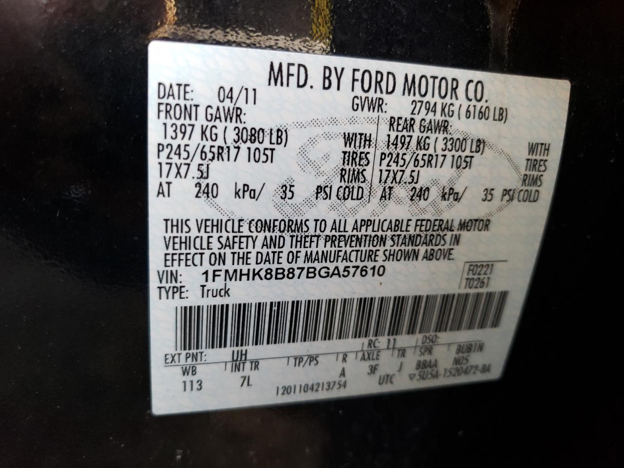 Photo 10 from auction – 2011 FORD EXPLORER with VIN 1FMHK8B87BGA57610