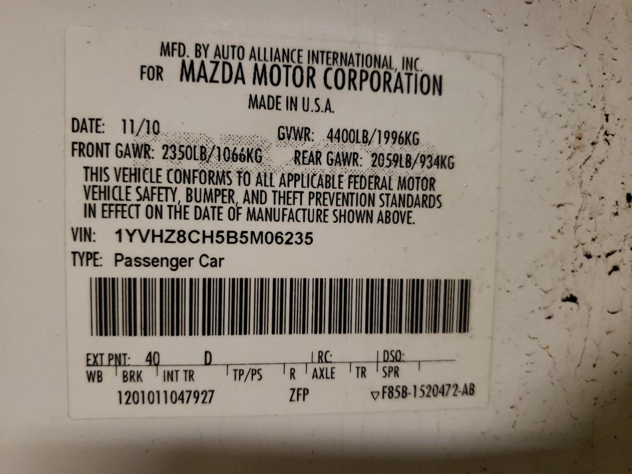 Photo 10 from auction – 2011 MAZDA 6 I with VIN 1YVHZ8CH5B5M06235