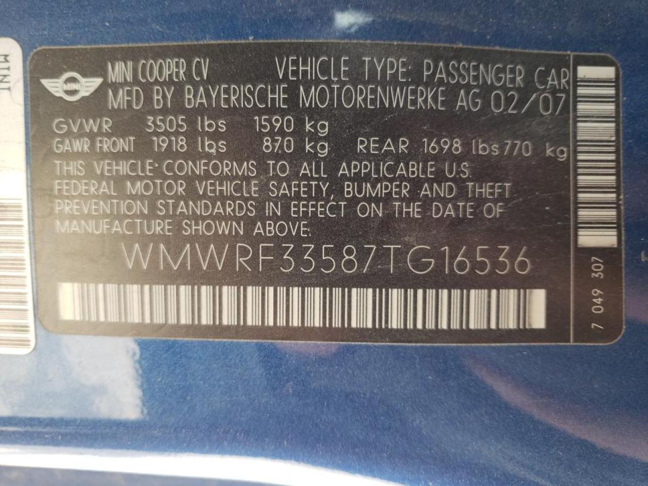 Photo 10 from auction – 2007 MINI COOPER with VIN WMWRF33587TG16536