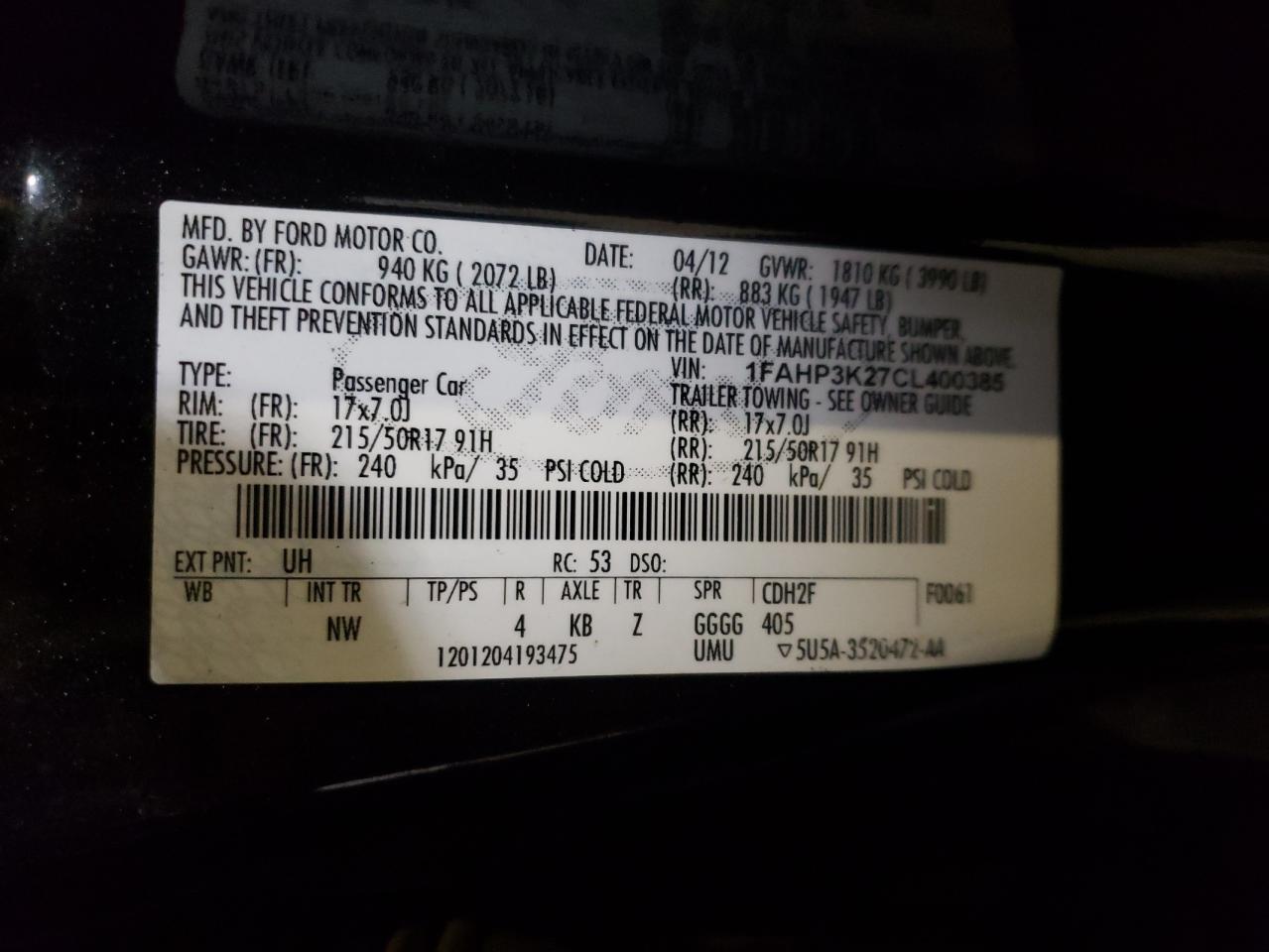 Photo 10 from auction – 2012 FORD FOCUS SE with VIN 1FAHP3K27CL400385