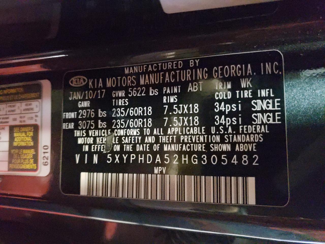 Photo 10 from auction – 2017 KIA SORENTO EX with VIN 5XYPHDA52HG305482