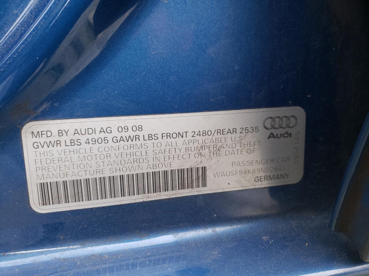 Photo 10 from auction – 2009 AUDI A4 PREMIUM with VIN WAUSF98K89N028451