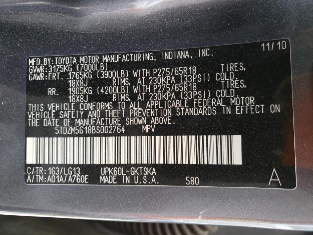 Photo 10 from auction – 2011 TOYOTA SEQUOIA SR with VIN 5TDZM5G18BS002764