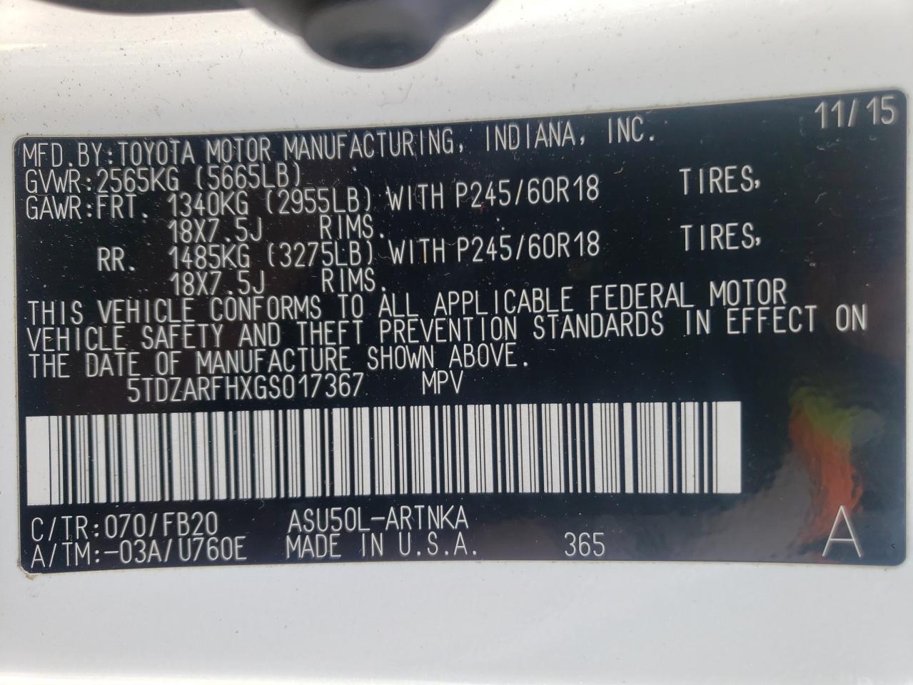 Photo 10 from auction – 2016 TOYOTA HIGHLANDER with VIN 5TDZARFHXGS017367