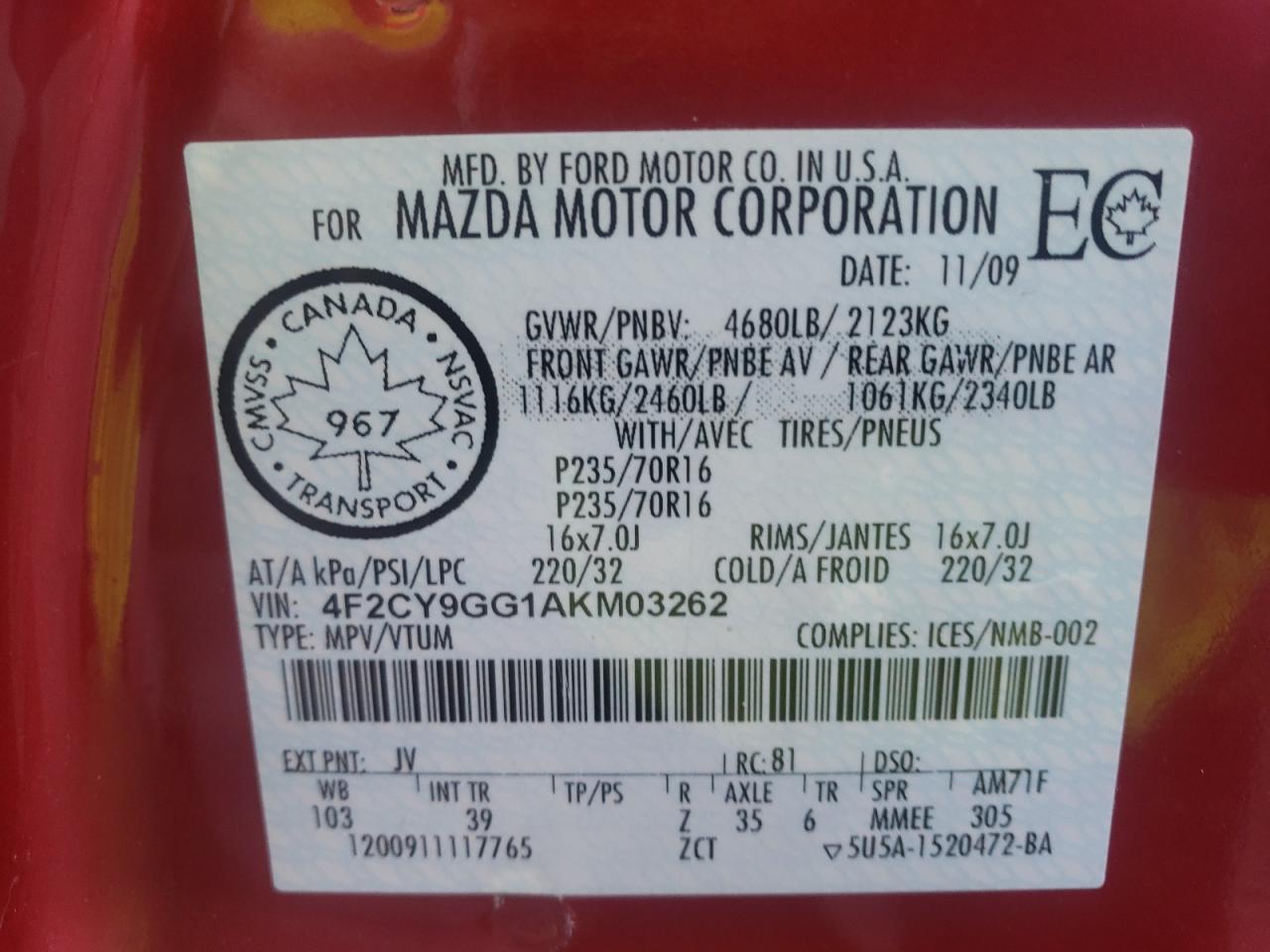 Photo 10 from auction – 2010 MAZDA TRIBUTE S with VIN 4F2CY9GG1AKM03262