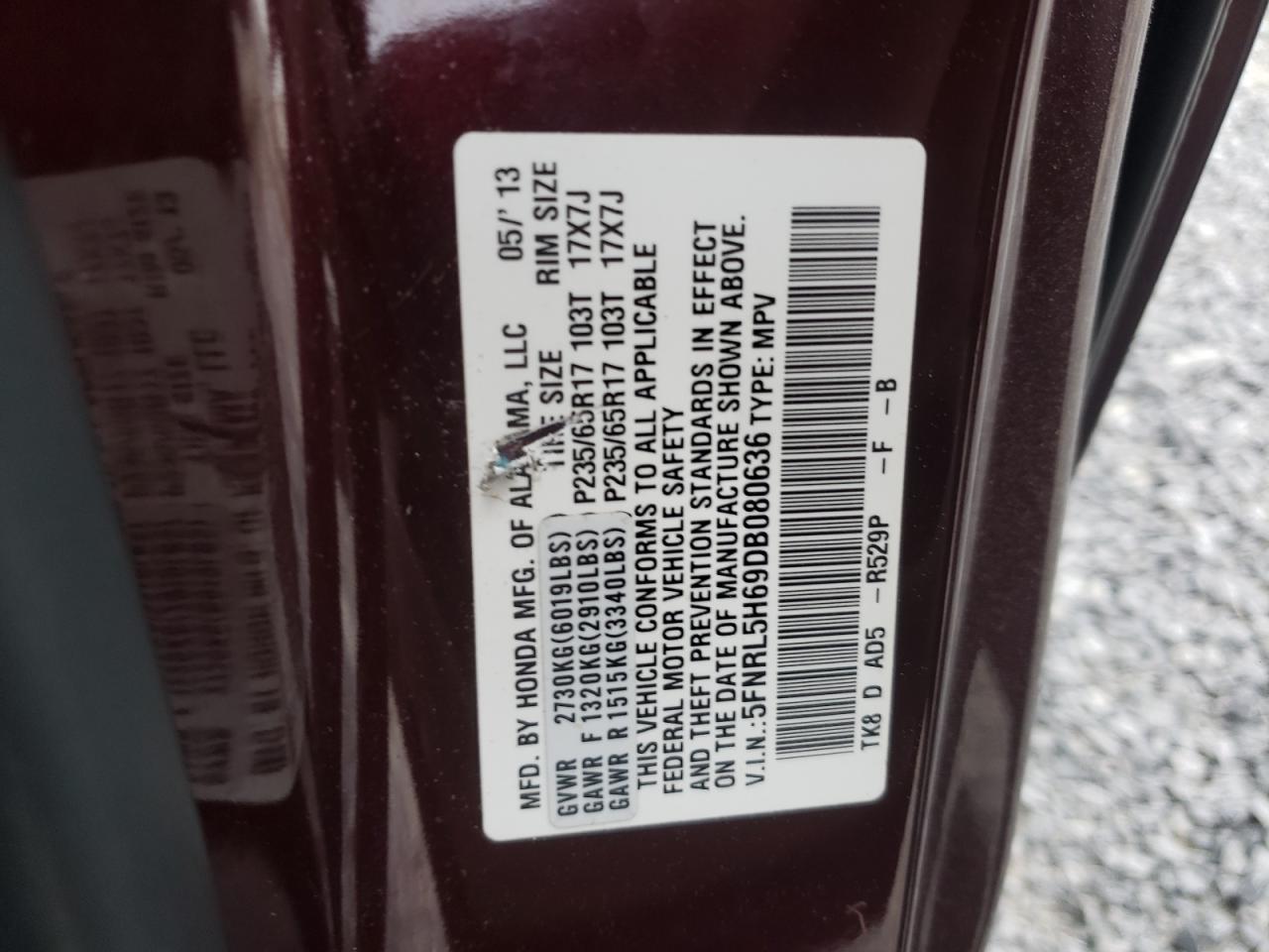 Photo 10 from auction – 2013 HONDA ODYSSEY EX with VIN 5FNRL5H69DB080636