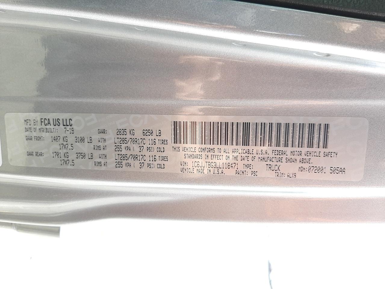 Photo 10 from auction – 2020 JEEP GLADIATOR with VIN 1C6JJTBG3LL118471