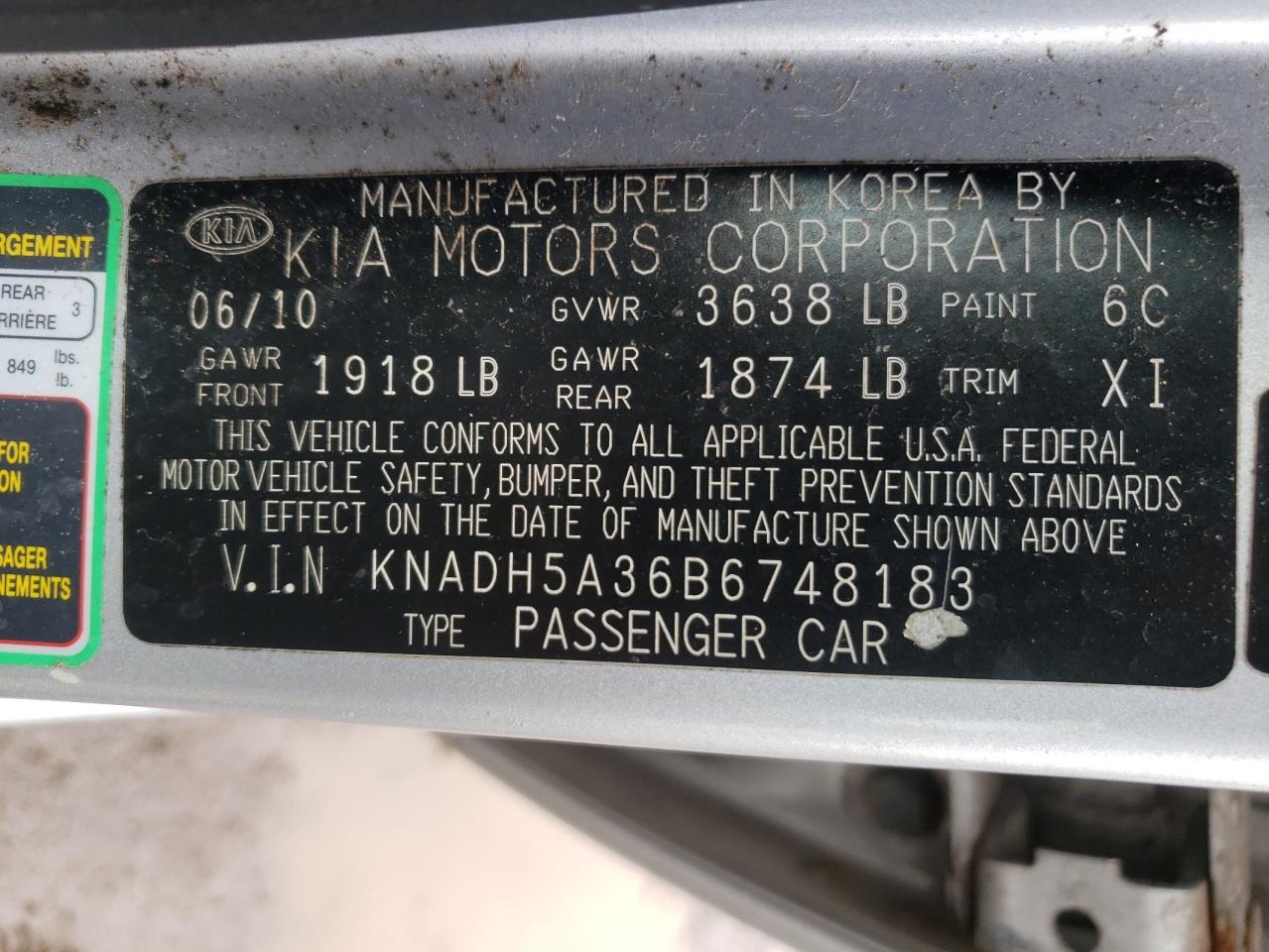 Photo 10 from auction – 2011 KIA RIO BASE with VIN KNADH5A36B6748183