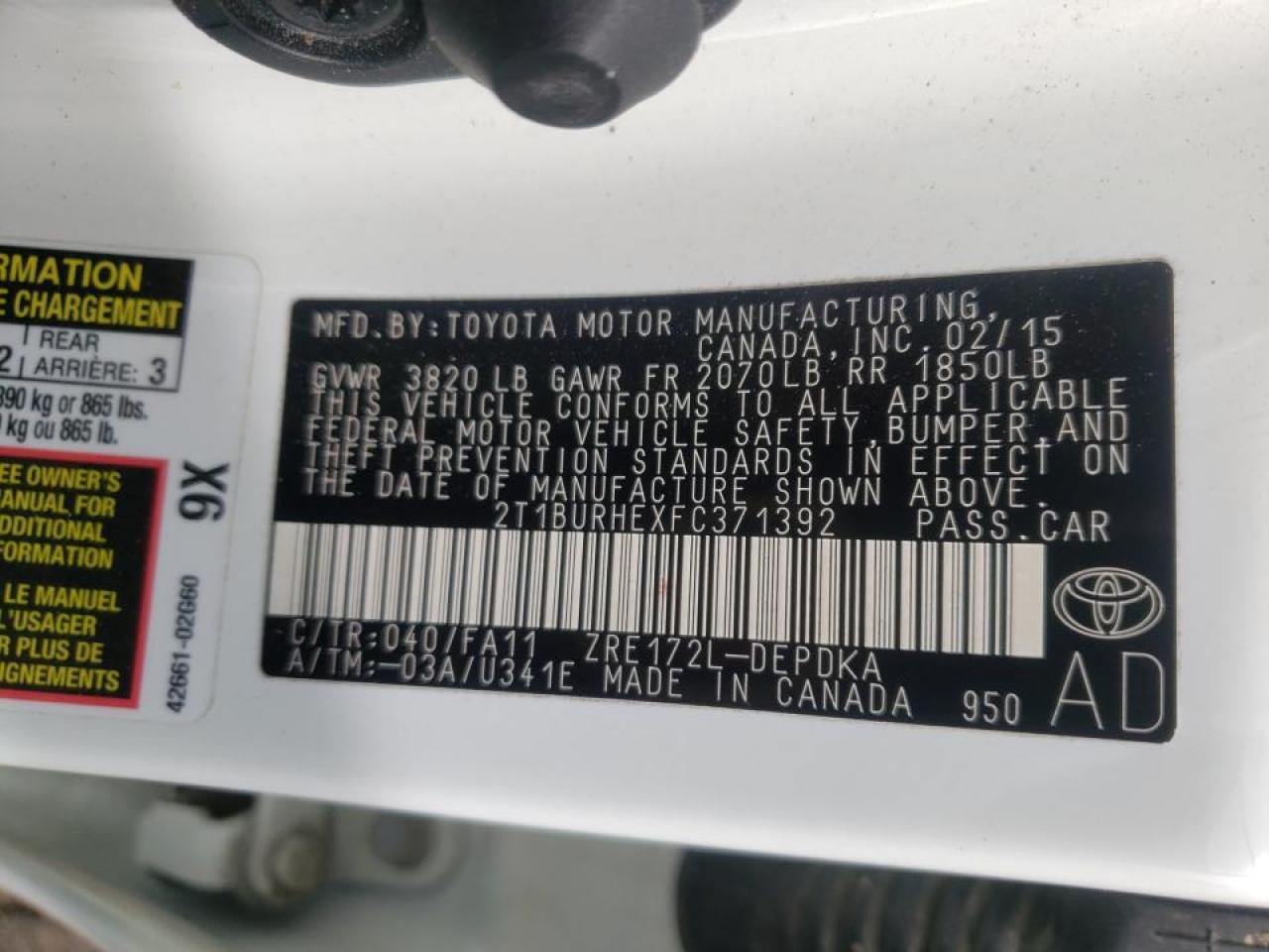 Photo 10 from auction – 2015 TOYOTA COROLLA with VIN 2T1BURHEXFC371392