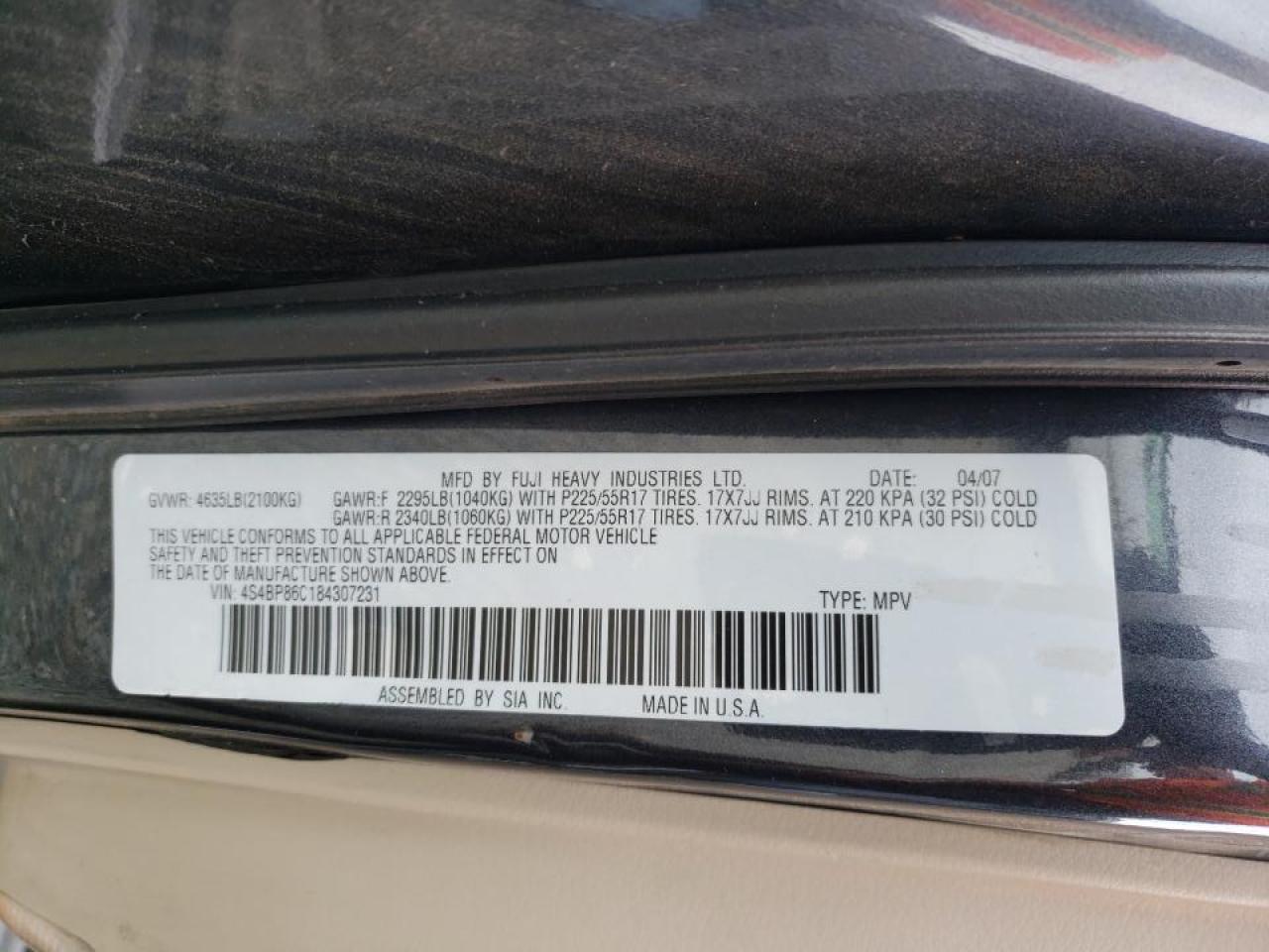 Photo 10 from auction – 2008 SUBARU OUTBACK 3. with VIN 4S4BP86C184307231