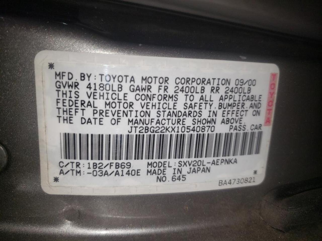 Photo 10 from auction – 2001 TOYOTA CAMRY CE with VIN JT2BG22KX10540870