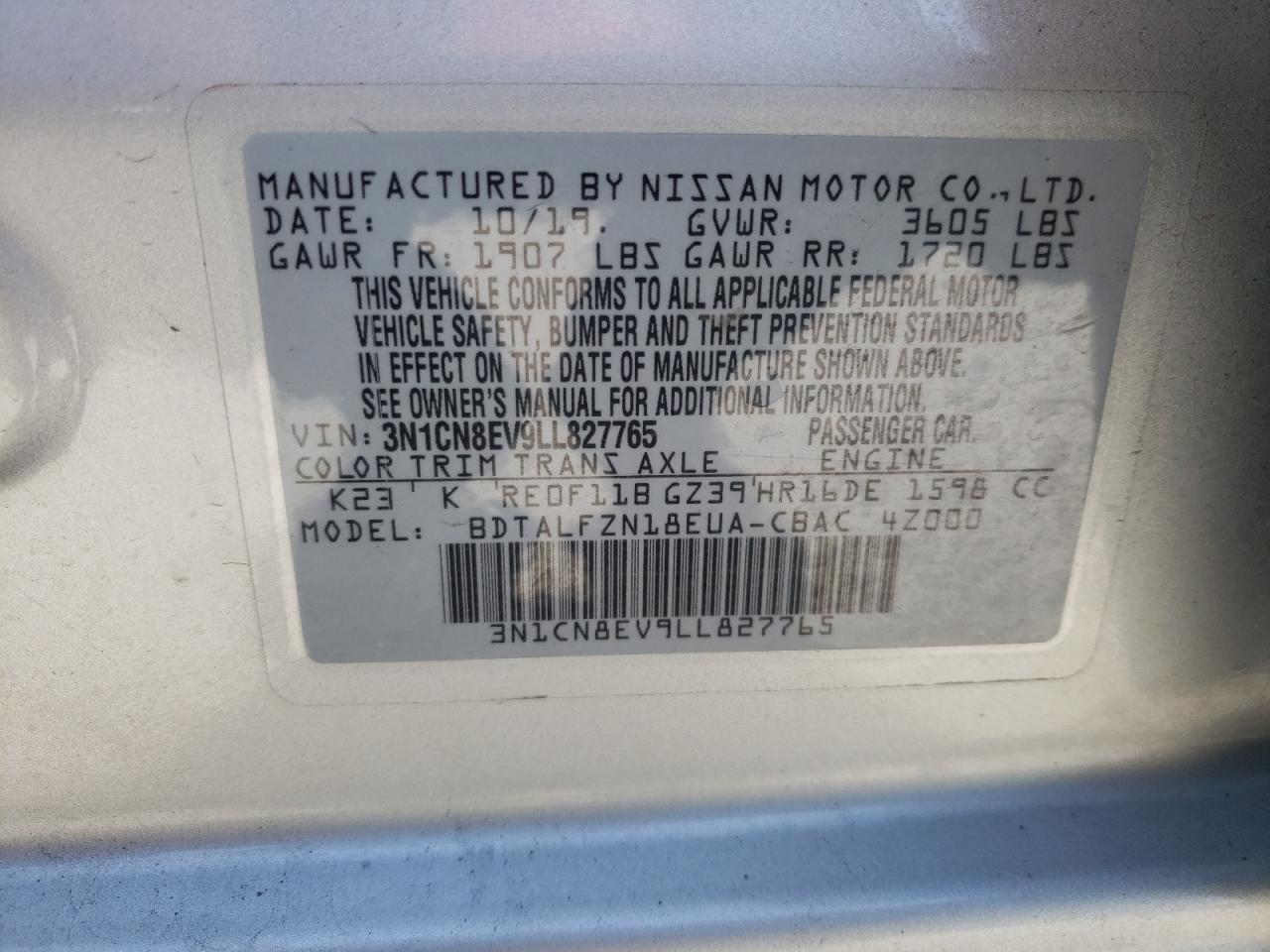 Photo 10 from auction – 2020 NISSAN VERSA SV with VIN 3N1CN8EV9LL827765