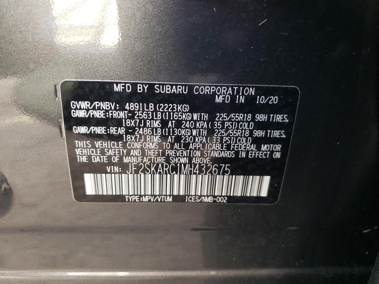 Photo 10 from auction – 2021 SUBARU FORESTER S with VIN JF2SKARC1MH432675