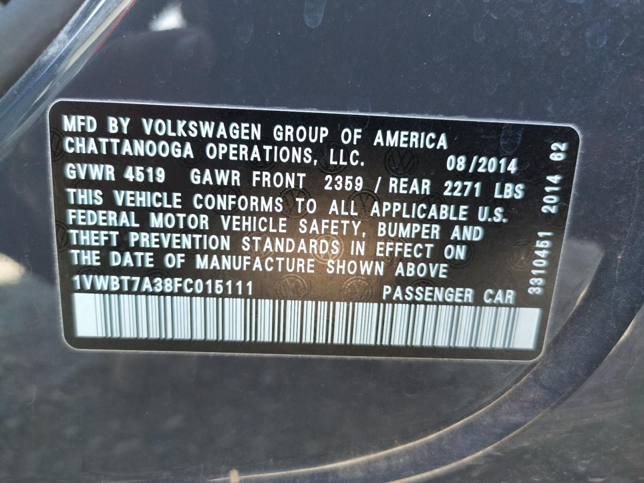 Photo 10 from auction – 2015 VOLKSWAGEN PASSAT SE with VIN 1VWBT7A38FC015111