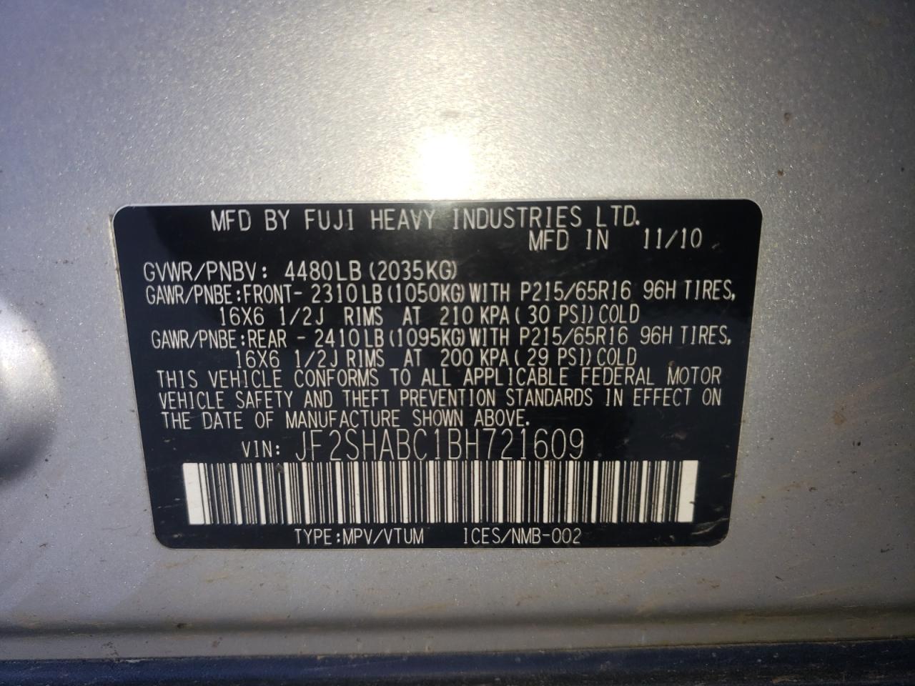 Photo 10 from auction – 2011 SUBARU FORESTER 2 with VIN JF2SHABC1BH721609