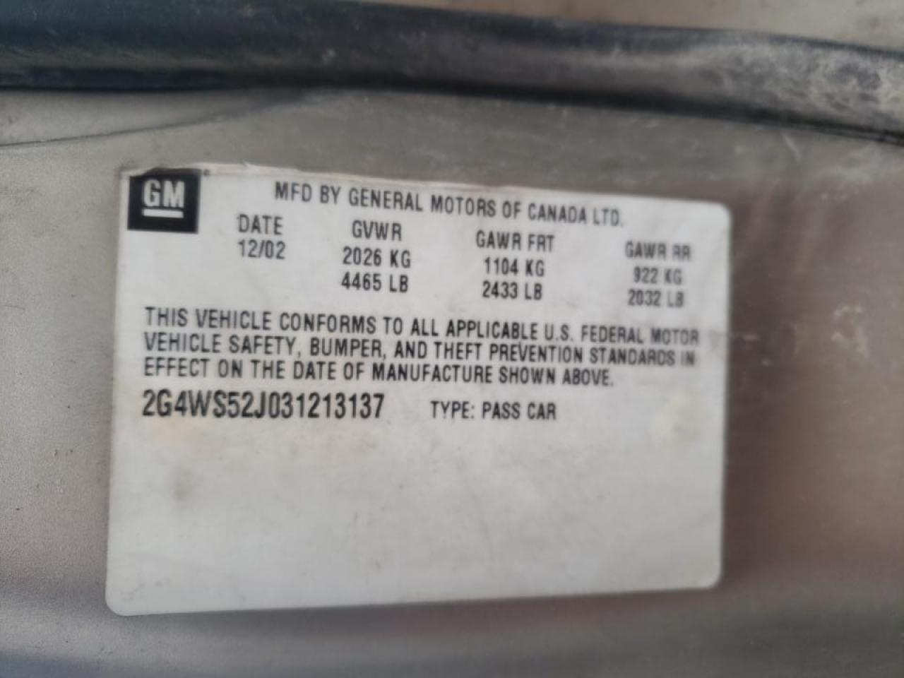 Photo 10 from auction – 2003 BUICK CENTURY CU with VIN 2G4WS52J031213137