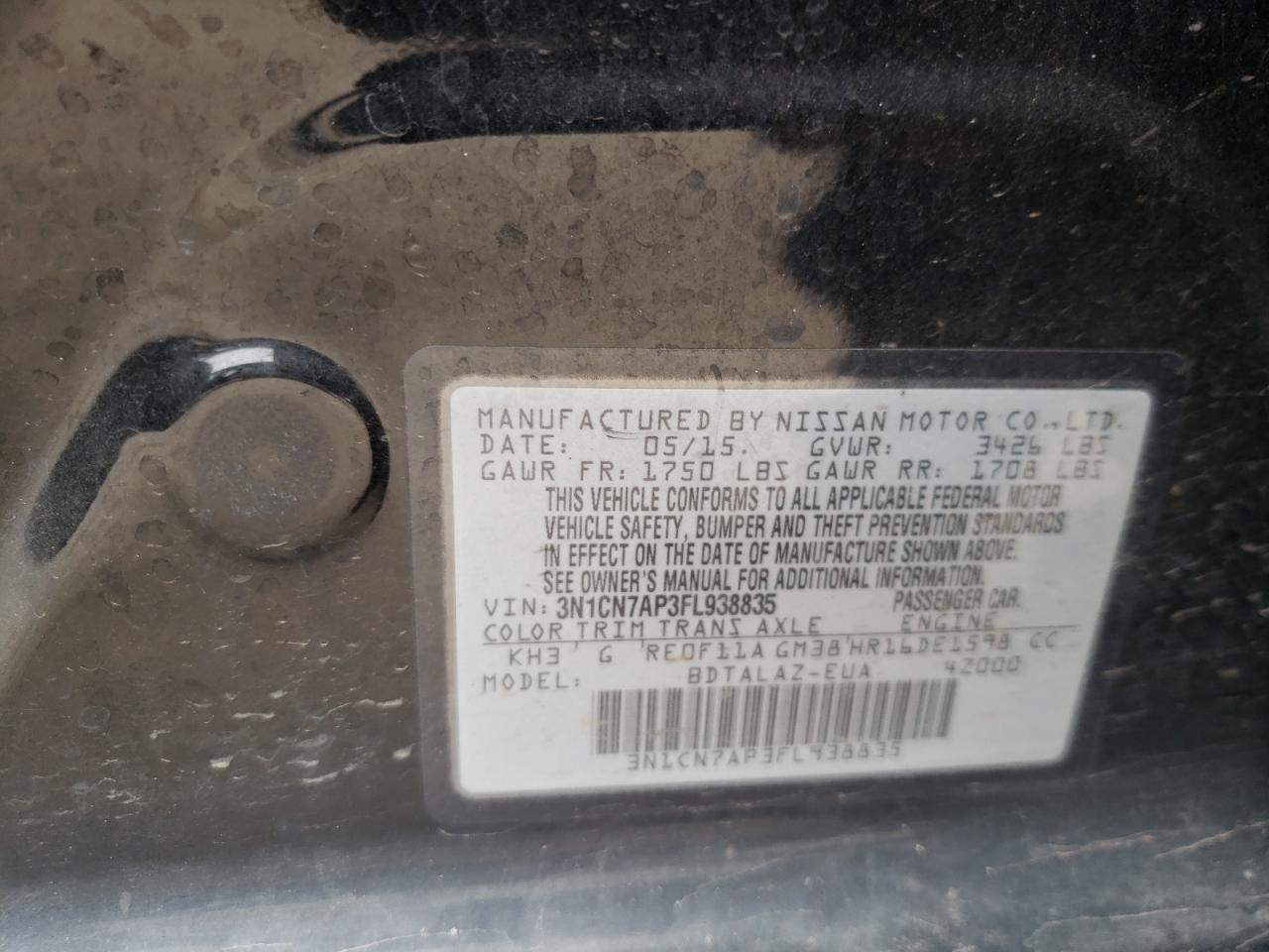 Photo 10 from auction – 2015 NISSAN VERSA S with VIN 3N1CN7AP3FL938835