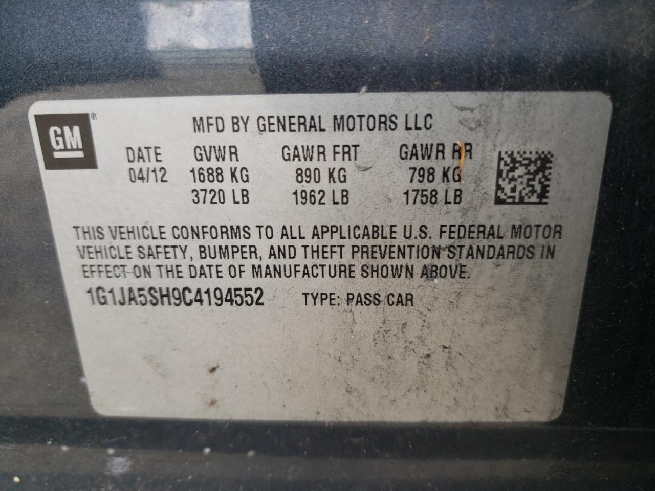 Photo 10 from auction – 2012 CHEVROLET SONIC LS with VIN 1G1JA5SH9C4194552