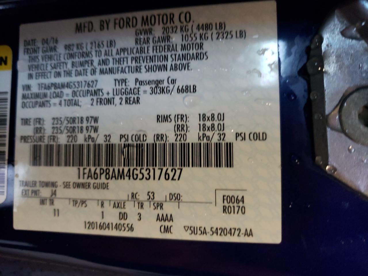Photo 10 from auction – 2016 FORD MUSTANG with VIN 1FA6P8AM4G5317627