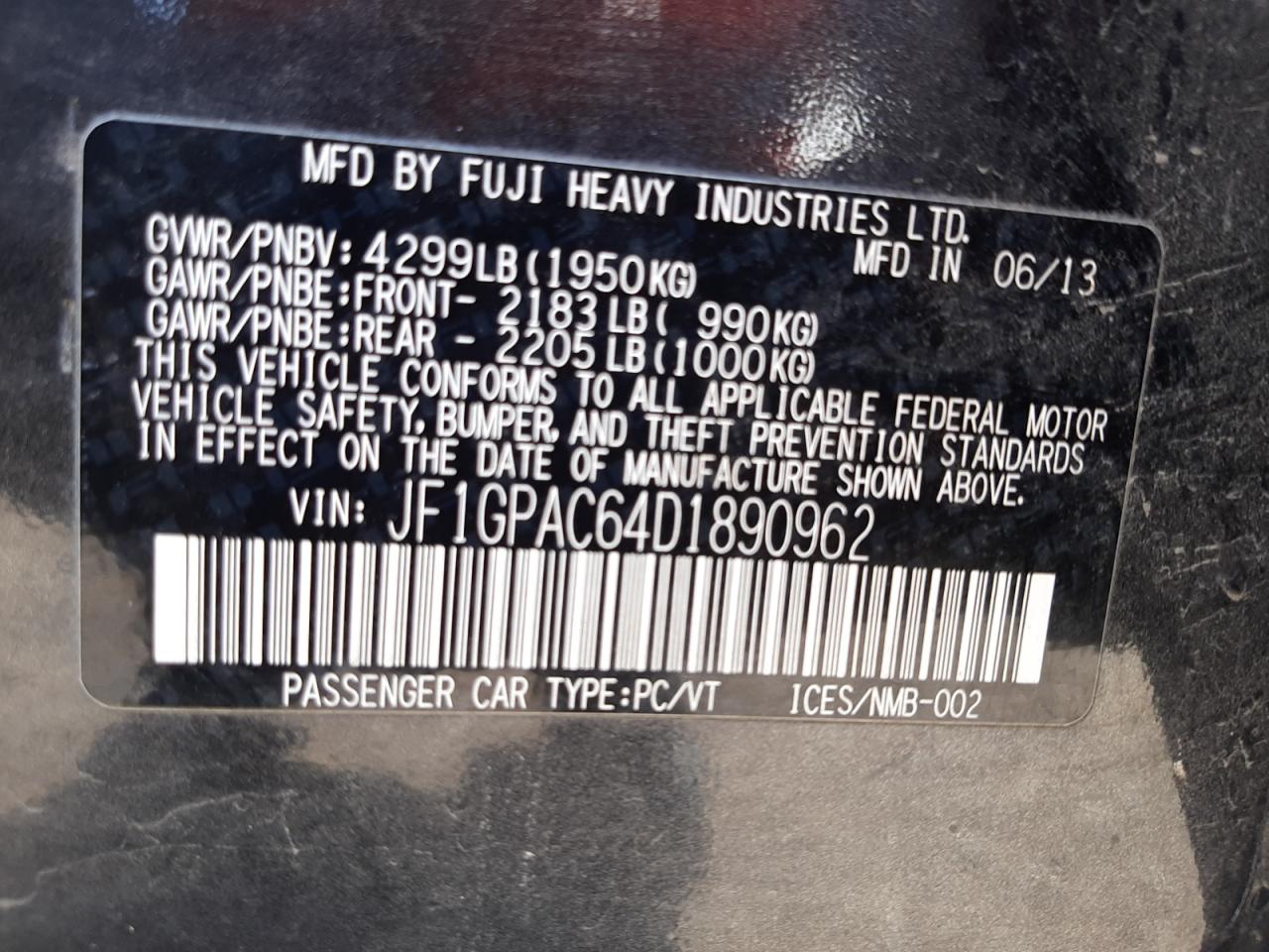 Photo 10 from auction – 2013 SUBARU IMPREZA PR with VIN JF1GPAC64D1890962
