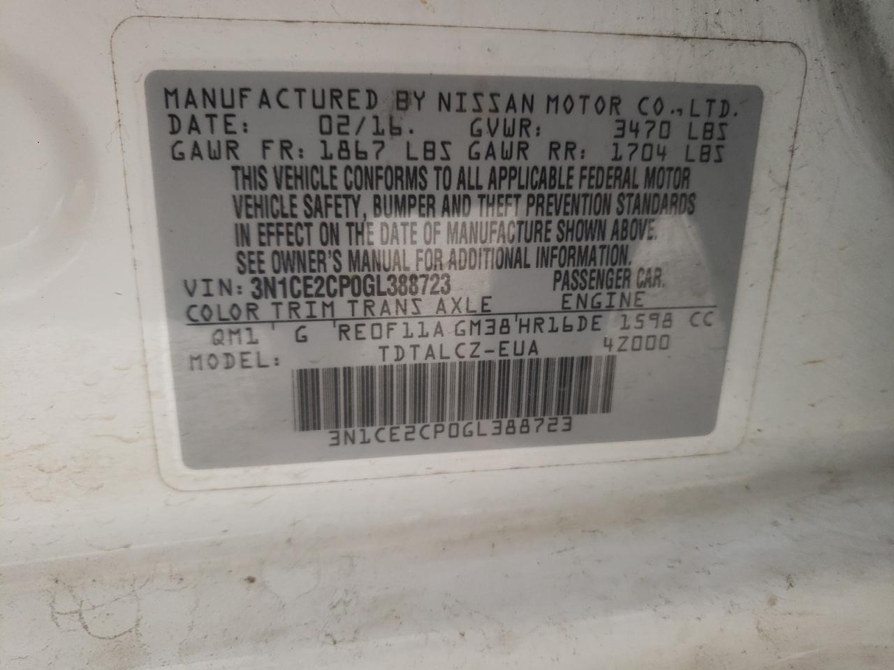 Photo 10 from auction – 2016 NISSAN VERSA NOTE with VIN 3N1CE2CP0GL388723