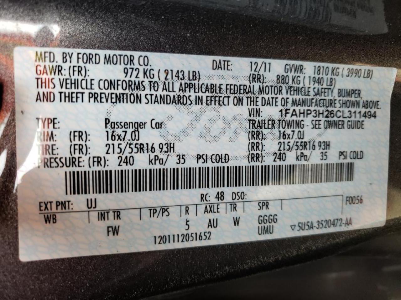 Photo 10 from auction – 2012 FORD FOCUS SEL with VIN 1FAHP3H26CL311494