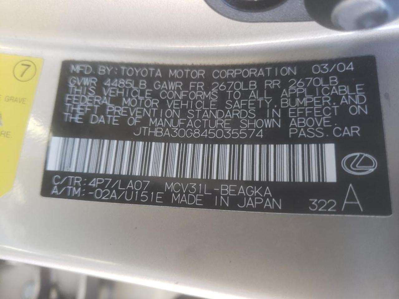Photo 10 from auction – 2004 LEXUS ES 330 with VIN JTHBA30G845035574