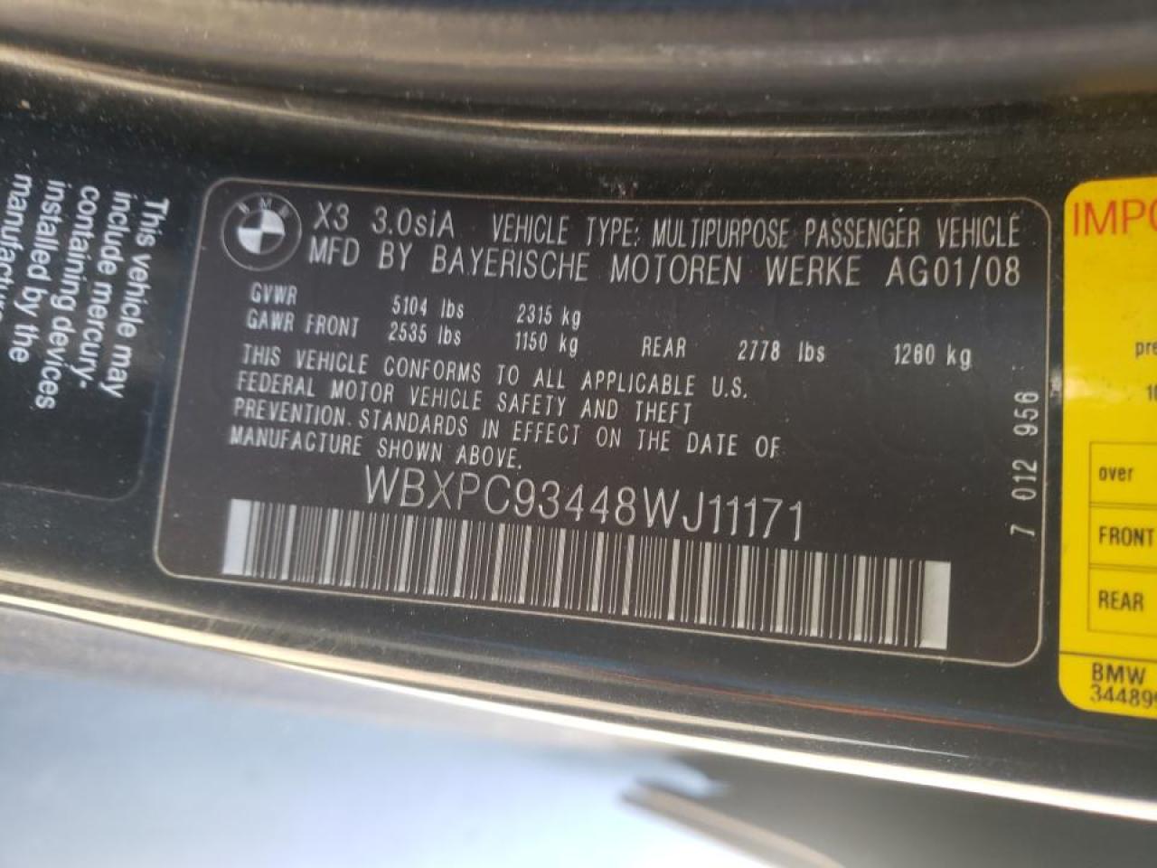 Photo 10 from auction – 2008 BMW X3 3.0SI with VIN WBXPC93448WJ11171