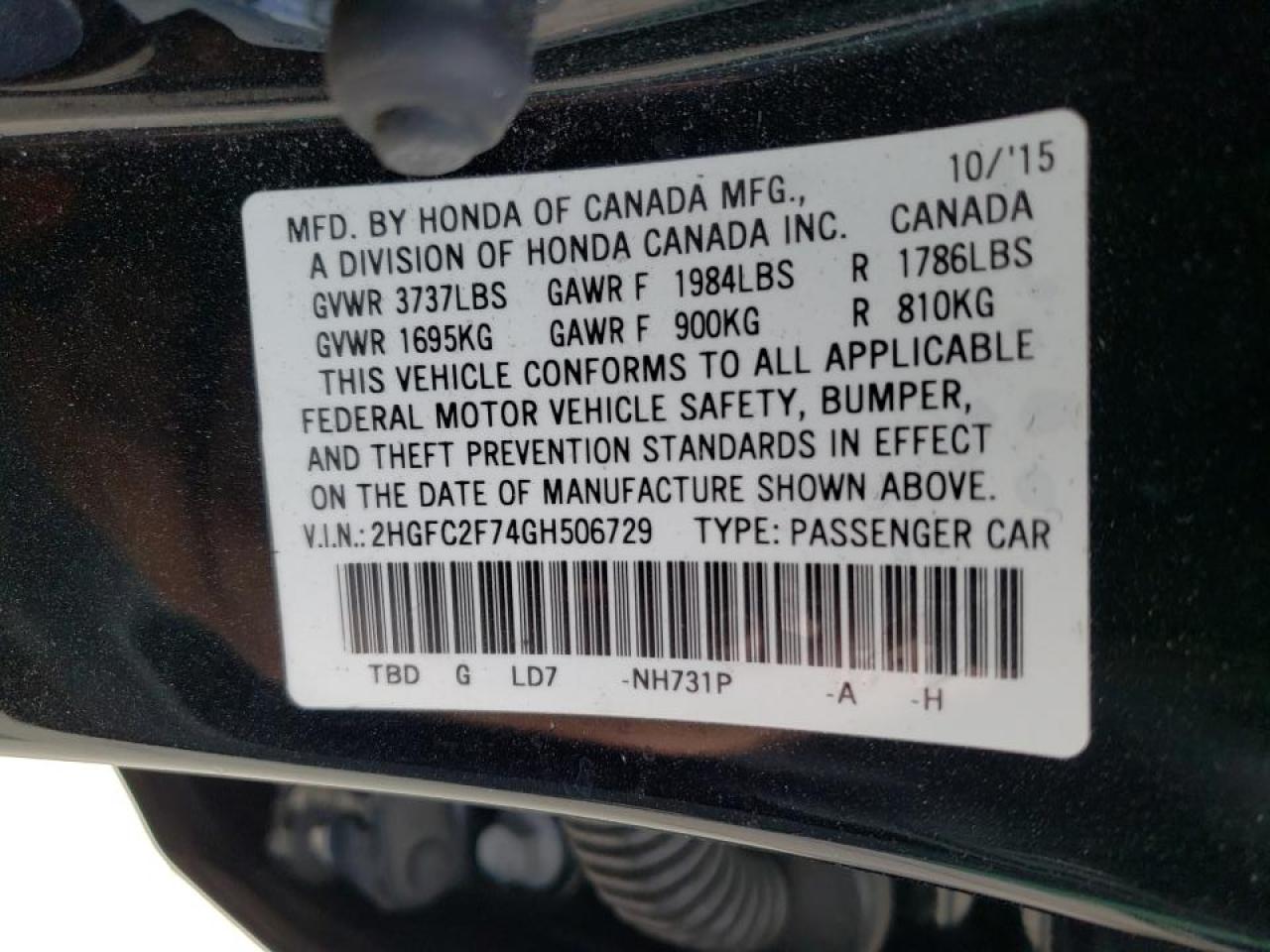 Photo 10 from auction – 2016 HONDA CIVIC EX with VIN 2HGFC2F74GH506729