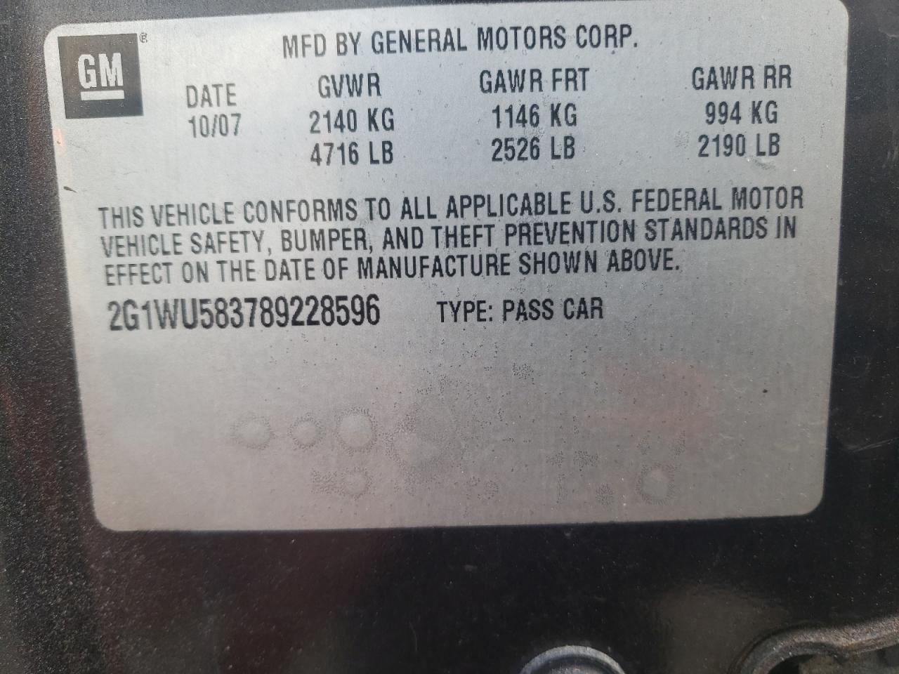 Photo 10 from auction – 2008 CHEVROLET IMPALA LTZ with VIN 2G1WU583789228596