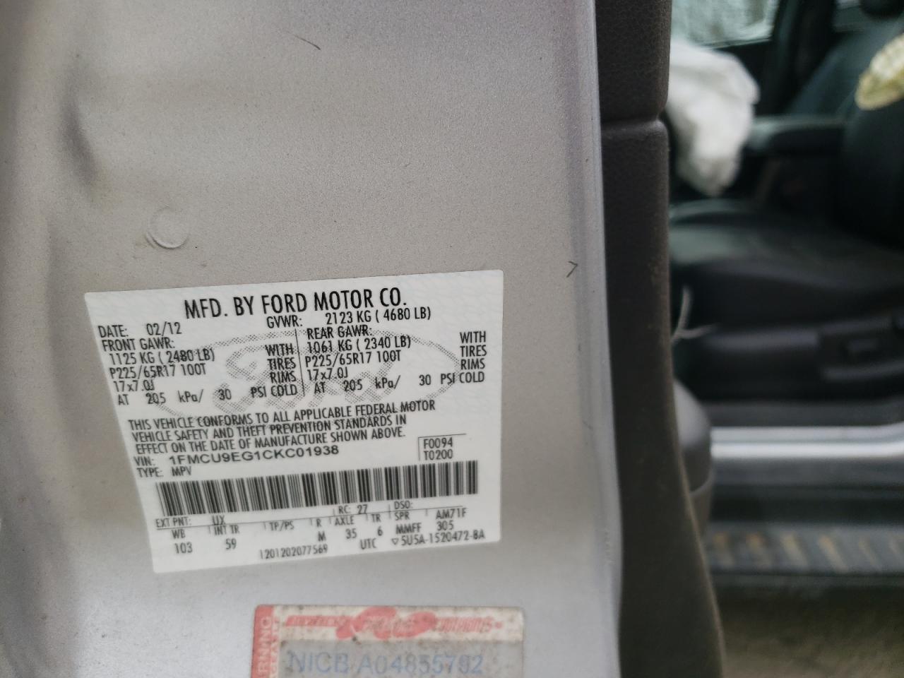 Photo 10 from auction – 2012 FORD ESCAPE LIM with VIN 1FMCU9EG1CKC01938