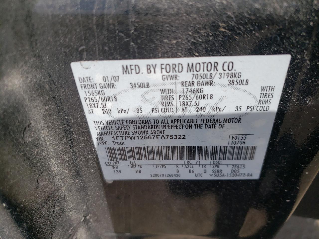 Photo 10 from auction – 2007 FORD F150 SUPER with VIN 1FTPW12567FA75322