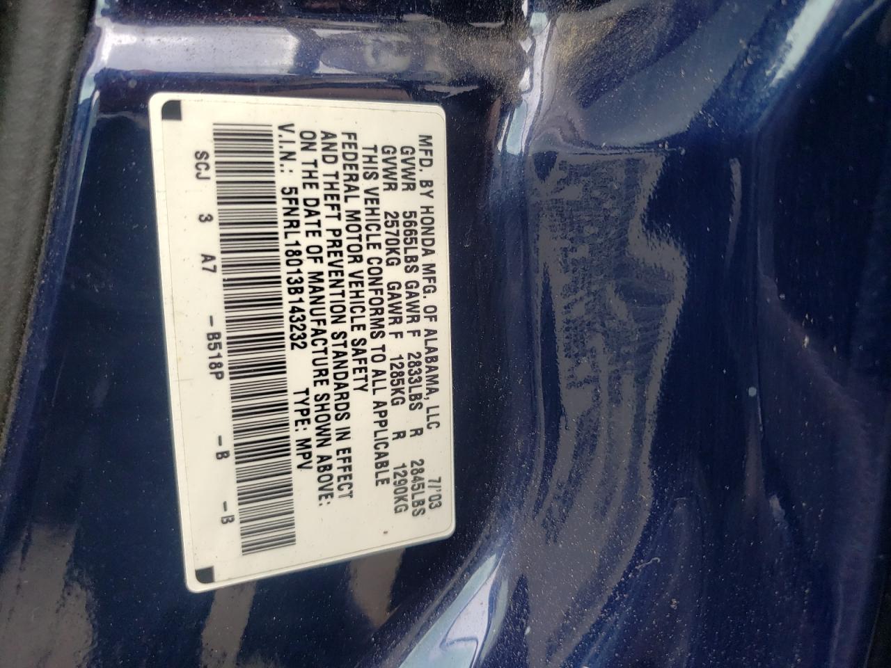 Photo 10 from auction – 2003 HONDA ODYSSEY EX with VIN 5FNRL18013B143232