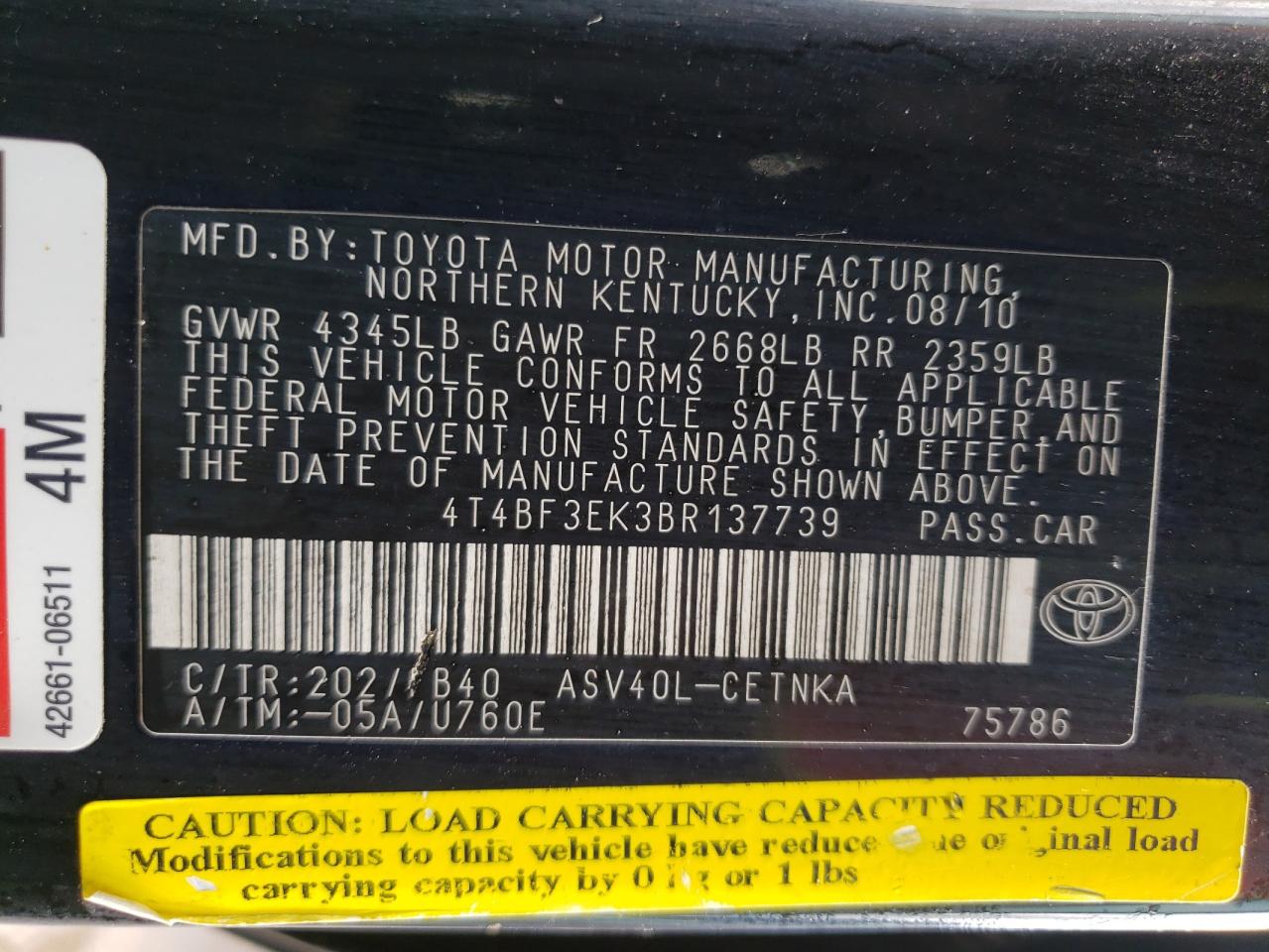 Photo 10 from auction – 2011 TOYOTA CAMRY BASE with VIN 4T4BF3EK3BR137739