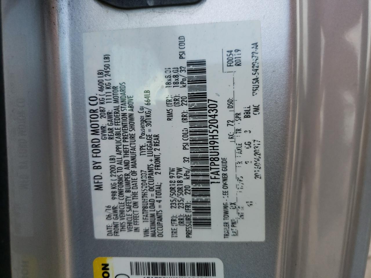 Photo 10 from auction – 2017 FORD MUSTANG with VIN 1FATP8UH9H5204307