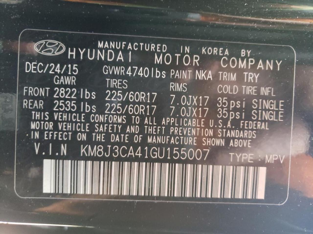 Photo 10 from auction – 2016 HYUNDAI TUCSON LIM with VIN KM8J3CA41GU155007