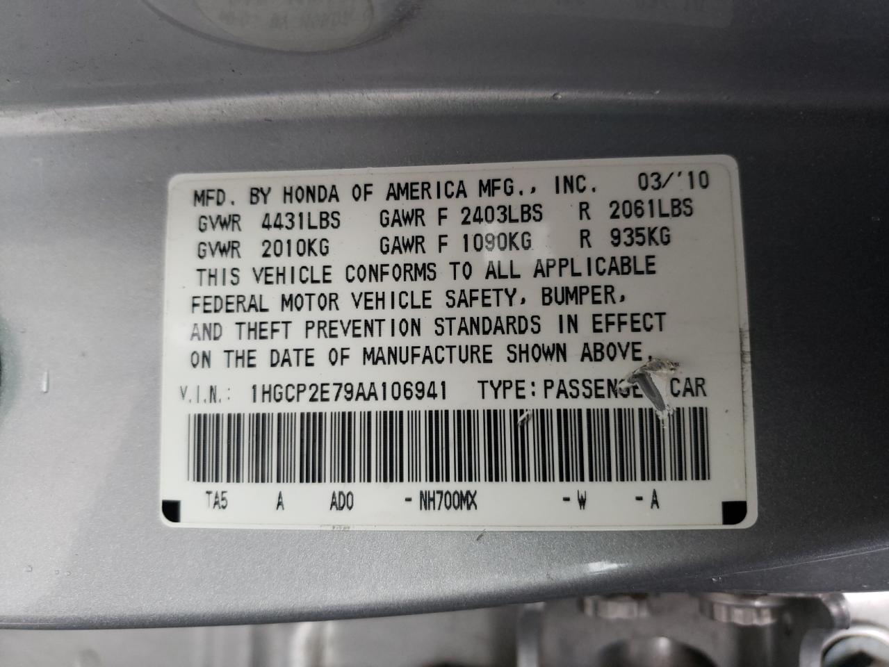 Photo 10 from auction – 2010 HONDA ACCORD EX with VIN 1HGCP2E79AA106941