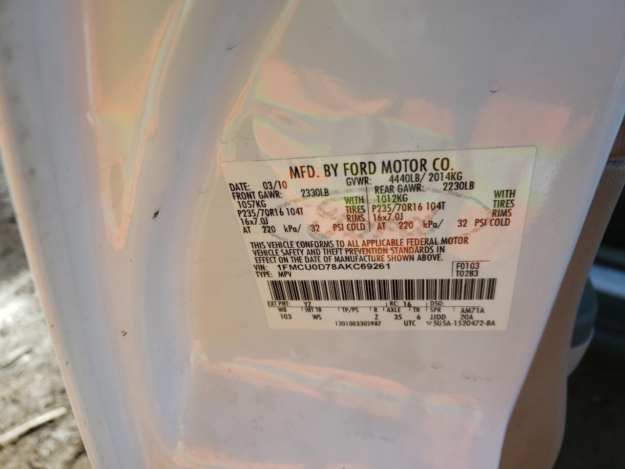Photo 10 from auction – 2010 FORD ESCAPE XLT with VIN 1FMCU0D78AKC69261