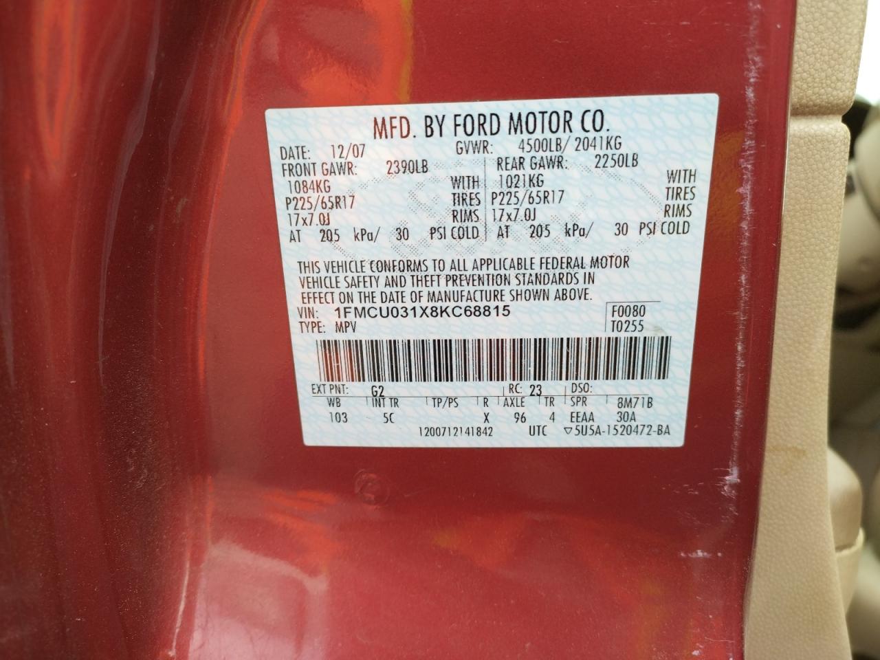 Photo 10 from auction – 2008 FORD ESCAPE XLT with VIN 1FMCU031X8KC68815