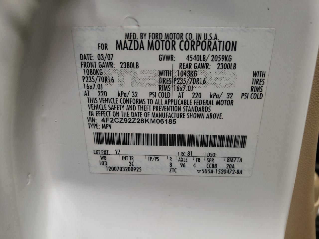 Photo 10 from auction – 2008 MAZDA TRIBUTE I with VIN 4F2CZ92Z28KM06185