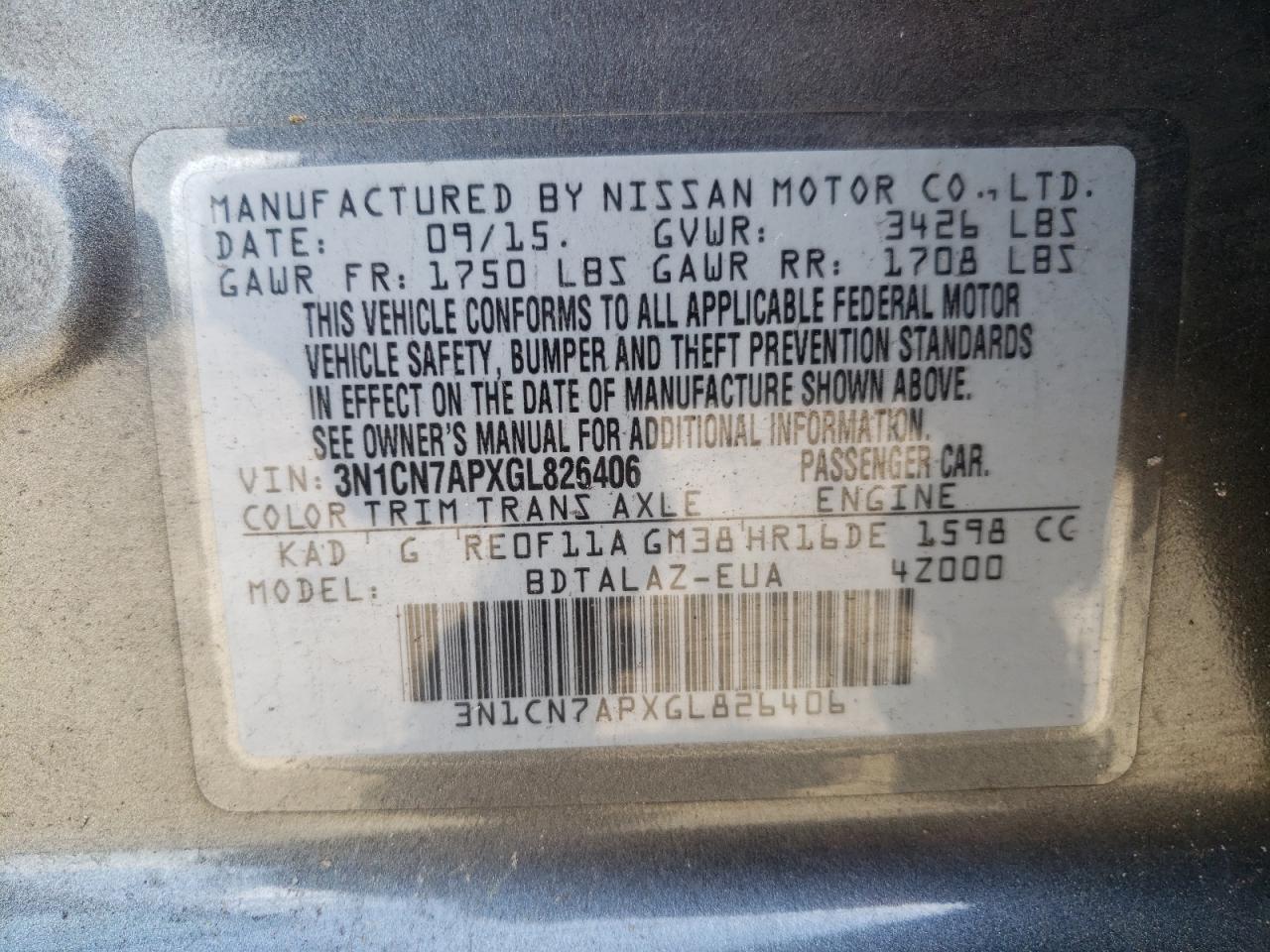 Photo 10 from auction – 2016 NISSAN VERSA S with VIN 3N1CN7APXGL826406